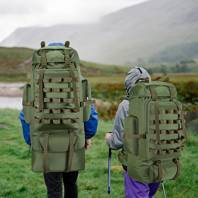 70L/100L Camping Hiking Backpack with Rain Cover, Expandable Large Military Tactical Backpack, Waterproof Molle Racksack Travel Backpacking Daypack for Climbing Trekking (Green)