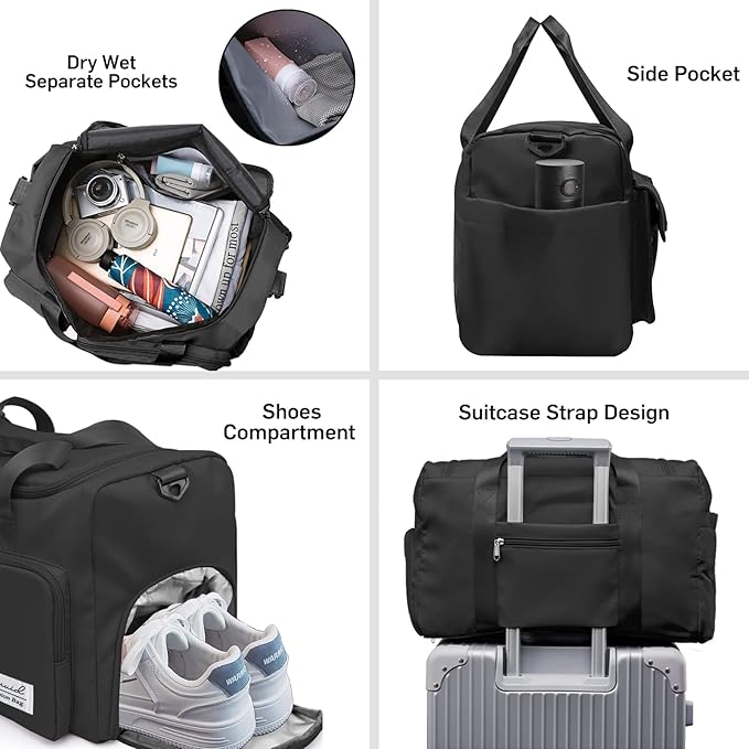 Suruid Sports Gym Duffel Bag with Shoes Compartment and Dry Wet Separated Pocket for Men and Women - Overnight Weekender Training Handbag Yoga Bag - Black