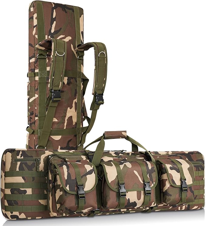 DULCE DOM 36 42 48 Inch Double Rifle Case, Tactical Soft Padded Backpack for Hunting & Shooting Range, Heavy-Duty Storage Gun Bag for 2 Rifles & Pistols with Lockable Zippers & MOLLE System