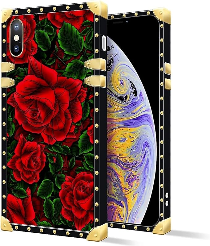Compatible with iPhone XR Case, Vector Red Rose Green Leaf Luxury Golden Decoration for Girl Women Soft TPU Shockproof Protective Hard PC Back for iPhone XR