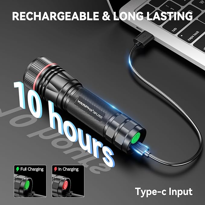 WdtPro Rechargeable Flashlights High Lumens, 1 Pack 10H Long Lasting Super Bright EDC Flashlights, LED Mini Tactical Flash Lights for Camping Emergency, Drop & Water Resistant (Battery Included)