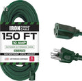 Iron Forge Cable Weatherproof 150 Ft Outdoor Extension Cord - 16/3 SJTW Heavy Duty Green Extension Cord 3 Prong - 10 Amp Exterior Power Cable