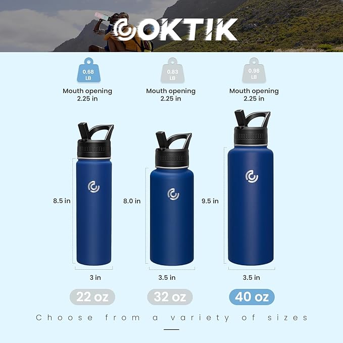 COKTIK 40oz Sports Water Bottle, Stainless Steel Water Bottle for Insulated, Reusable Travel Bottle, With Straw, With Handle Grip for Easy Carrying, Suitable for Cycling, Outdoor Vacations(Cobalt)
