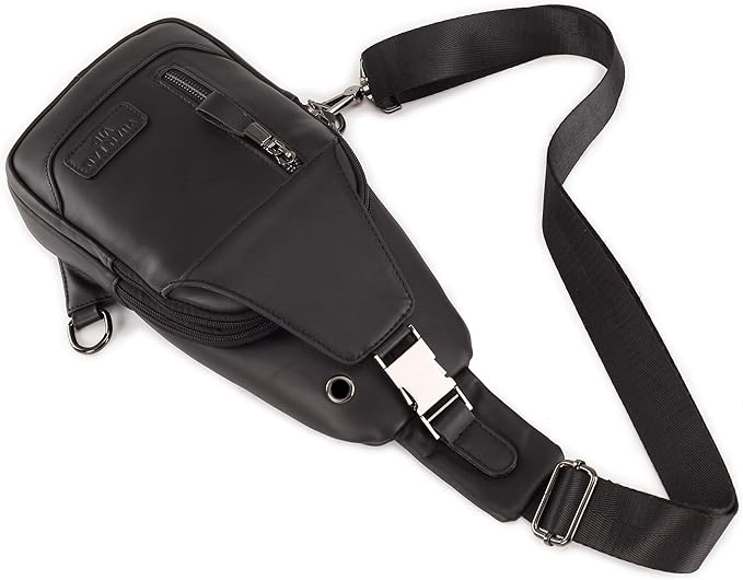 Hebetag Leather Sling Bag Hiking Daypack for Men Women Outdoor Travel Camping Fishing Crossbody Shoulder Chest Pack Daypack Small Black