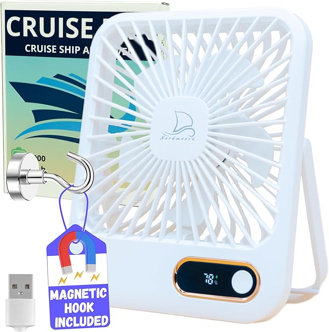 Cruise Fan Cabin Approved Carnival & Royal Carribbean Essentials With Magnetic Hook - Rechargeable Long Battery Life, USB-A & USB-C - Small Desk Fan - Folding & Portable, Plug-In And Battery Powered