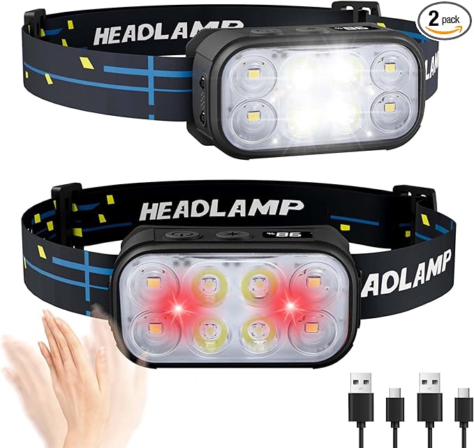 Headlamp Rechargeable 2 Pack, Super Bright LED Head Lamp, 1500 Lumen, 12 Modes, Motion Sensor, Waterproof Head Lights for Forehead for Camping, Running, Fishing, Climbing