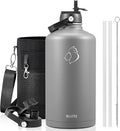 BUZIO Gallon Water Bottle Insulated, 128 oz Large Water Jug Vacuum Stainless Steel Big Metal Flask (Cold for 48 Hrs), Leak Proof & BPA-Free, with Straw and Spout Lids, Grey