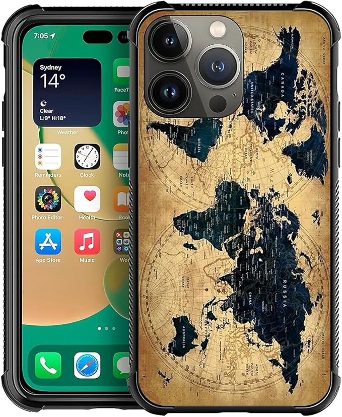 for iPhone 14 Pro Max Case, Brown World Map Pattern Graphic Design Girl Boy Soft Silicone Hard Acrylic Shock Protection for iPhone 14 Pro Max