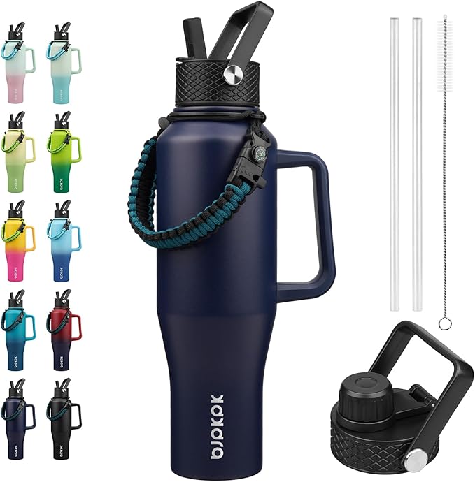 BJPKPK Insulated Water Bottles with Straw Lid, 40oz Metal Water Bottle with 2 lids & Paracord Strap, Double Wall Stainless Steel Tumbler with Handle, Reusable Cups, Mugs, Thermo, Navy Blue
