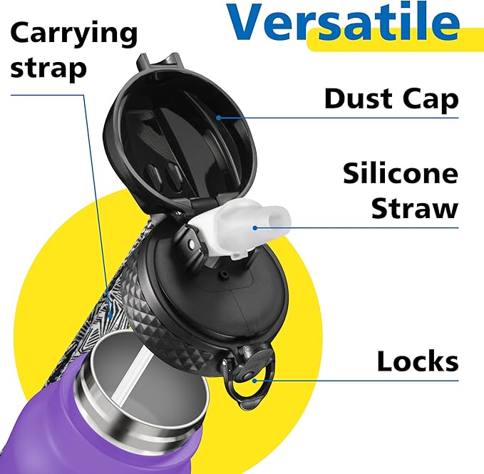 han's bottle Sports Water Bottle - 32 Oz, Straw Lid, Leak Proof, Vacuum Insulated Stainless Steel, Double Walled, Thermo Mug,Purple