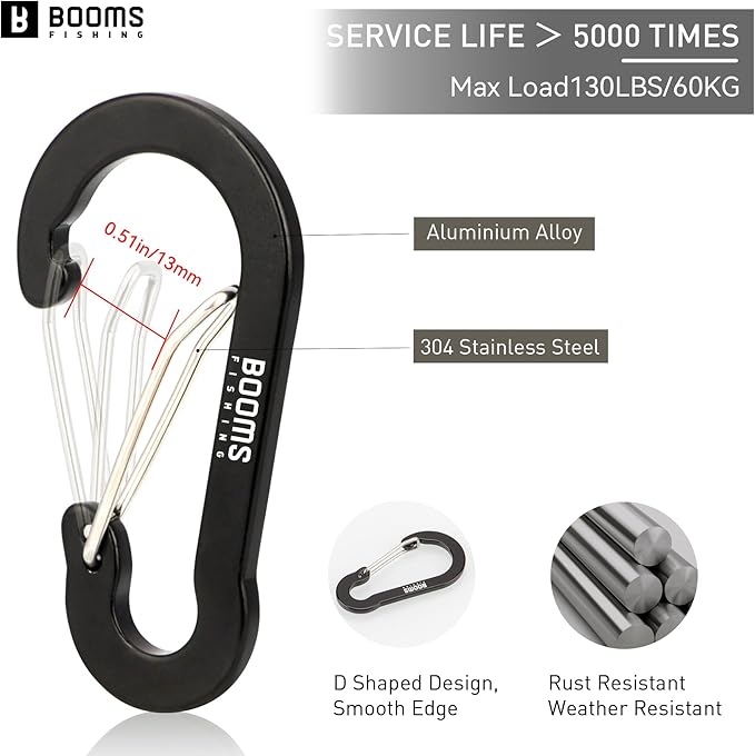 Booms Fishing CC5 Multi-Use Carabiner Clips, 10 Pack 2.3"/ 3.1" Caribeener Clips, Mini Keychain Caribeaner Clip, Aluminum D Ring Carabiners