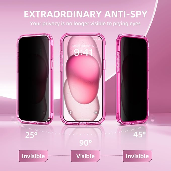 TIESZEN for iPhone 15 Plus Case, Compatible with MagSafe, Built-in Privacy Screen Protector and Camera Protection, Anti Spy Full Body Dustproof Shockproof Hard Phone Case 6.7", Bright Pink