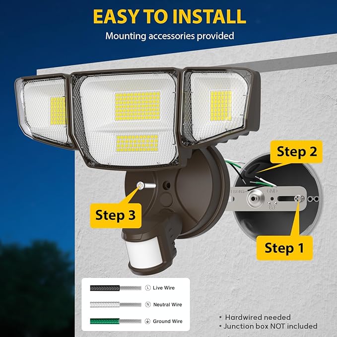 Abovizo 90W Motion Sensor Outdoor Lights, 10000LM LED Flood Light Outdoor with 4 Adjustable Heads, 6500K Daylight, Dusk to Dawn, IP65 Waterproof Security Light for Garage, Yard, Porch, Front Door