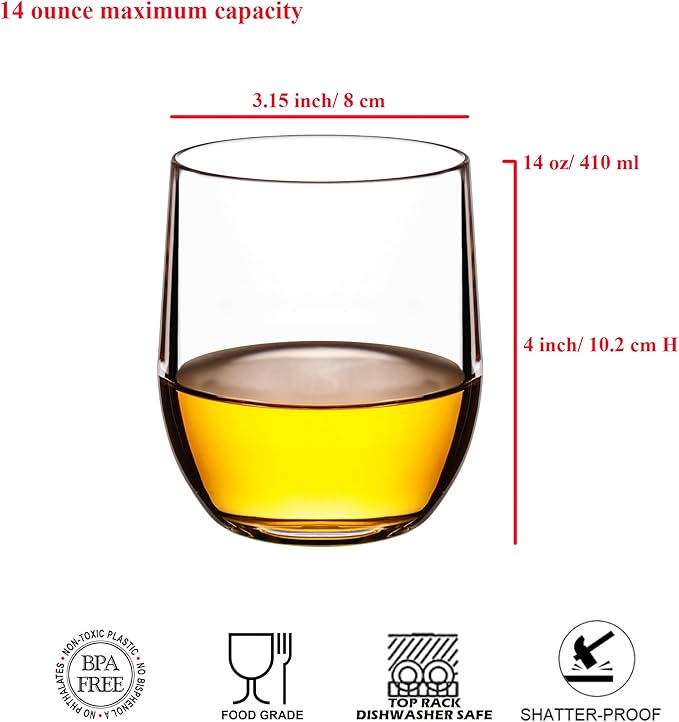 14-ounce Plastic Stemless Wine Glasses, All Purpose Arcylic Glasses, set of 6 Clear Reusable Shatter-resistant Dishwasher Safe