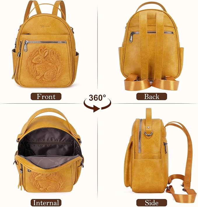 Mini Backpack Purse for Women,Embossed Leather Small Backpack Fashion Travel Backpacks Daypacks Shoulder Handbag (YELLOW-Rabbit)