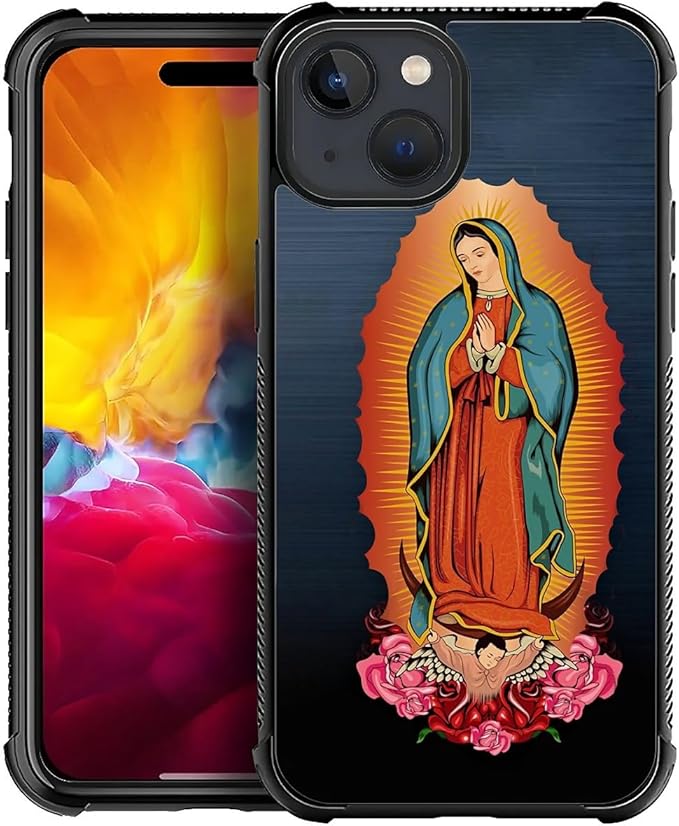 for iPhone 15 Case, Red Virgen Guadalupe Pattern Graphic Design Girl Boy Soft Silicone Hard Acrylic Shock Protection for iPhone 15