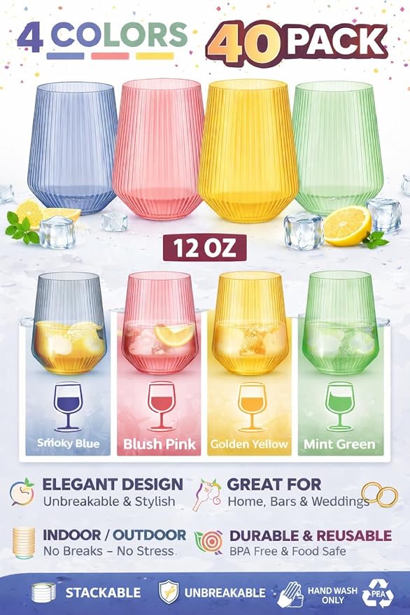 Oojami 40 Pack Origami Ribbed Stemless Plastic Wine Glasses 12 oz - Shatterproof BPA-Free Disposable Recyclable Unbreakable Ripple Cups for Champagne Whiskey Cocktail, Wedding Party (Color Collection)