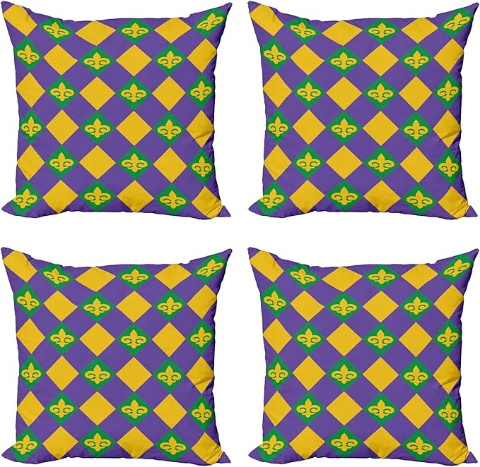 Ambesonne New Orleans Throw Pillow Cushion Case Pack of 4, Mardi Gras Themed Rhombuses with Fleur De Lis Motifs Classic Geometry, Modern Accent Double-Sided Digital Printing, 16", Violet Yellow