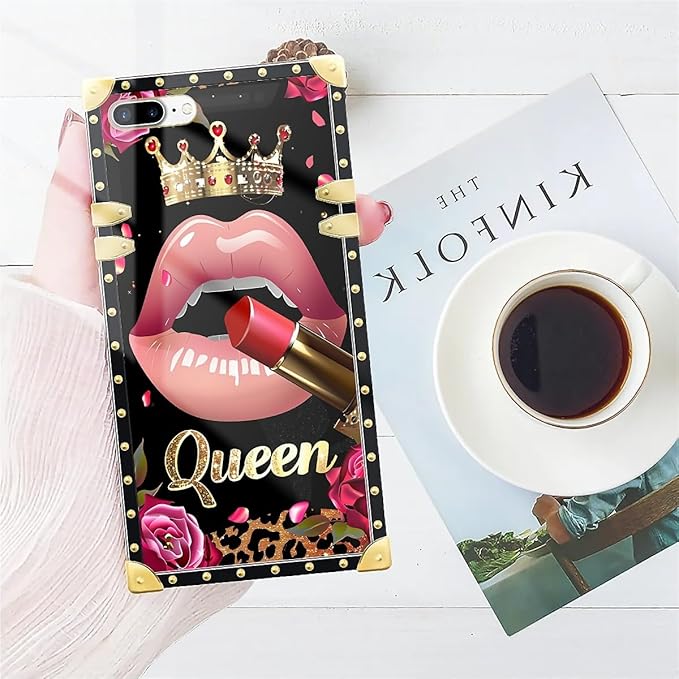 Compatible with iPhone 8 Plus 7 Plus Case, Glitter Red Rose Queen Leopard Lipstick Luxury Golden Decoration for Girl Women Soft TPU Shockproof Protective Hard PC Back