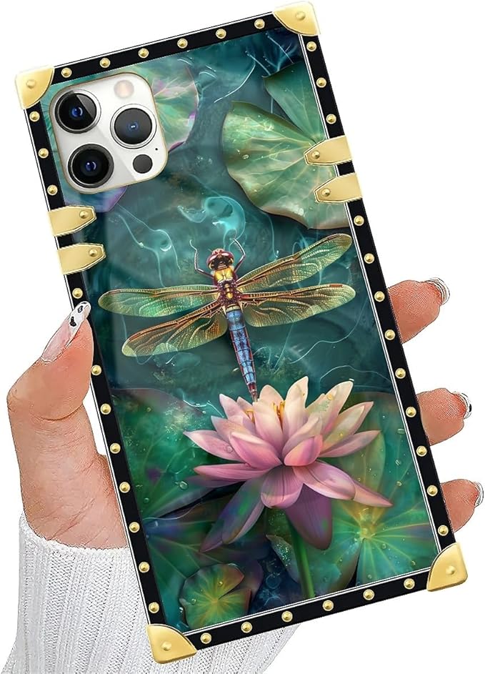 Compatible with iPhone 11 Pro Max Case, Colourful Dragonfly Pink Lily Pads Luxury Golden Decoration for Girl Women Soft TPU Shockproof Protective Hard PC Back for iPhone 11 Pro Max