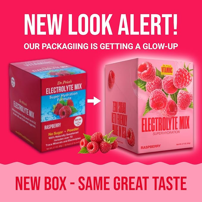 Dr. Price’s Electrolytes Powder Packets – Raspberry, 60 Packets | Sugar Free Electrolytes | Hydration Drink Mix, 72+ Trace Minerals, Keto Electrolytes, Vegan, Doctor-Formulated, Made in USA