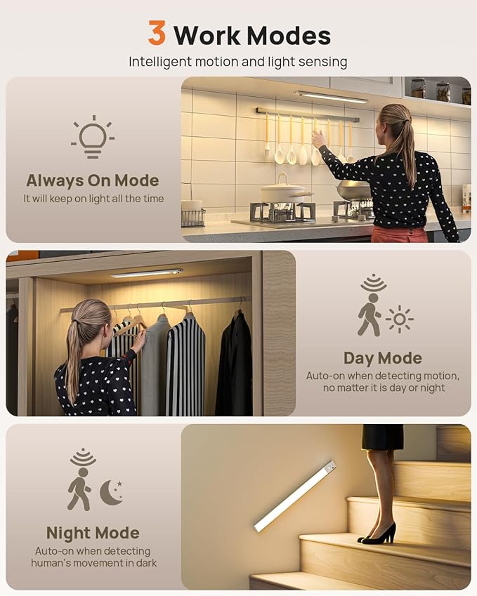 Under Cabinet Lighting Wireless, 16 inch LED Motion Sensor Light Indoor, Rechargeable Closet Lights with Remote, 3 Color Temps, Dimmable, Magnetic Under Counter Lights for Kitchen, Stairs, 4 Pack