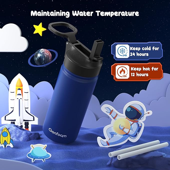Kids Water Bottle, 16oz Kids Water Bottle with Stickers for School, insulated Stainless Steel Straw Cup(Sapphire Blue)