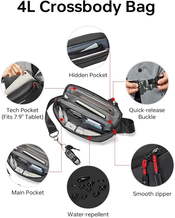CROSSGEAR Travel Laptop Backpack + Crossbody Sling Bag Set, Fits 14-17.3" Laptop Computer, Anti Theft Lock, Charging Port, Multi-pocket, 25L Waterproof Work Business Backpack for Men Women, Black