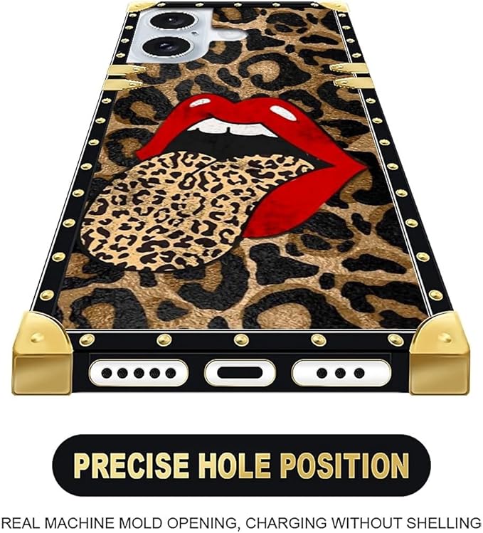 Compatible with iPhone 16 Plus Case, Brown Leopard Print Mouth Luxury Golden Decoration for Girl Women Soft TPU Shockproof Protective Hard PC Back for iPhone 16 Plus