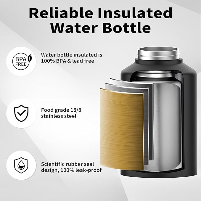 WATERSY 1 Gallon Water Bottle Insulated(Cold for 48 Hrs),BPA Free&Leak Proof,128oz Stainless Steel Water Jug with Handle for Gym,Hiking,Camping&Travel,Black Large Thermo