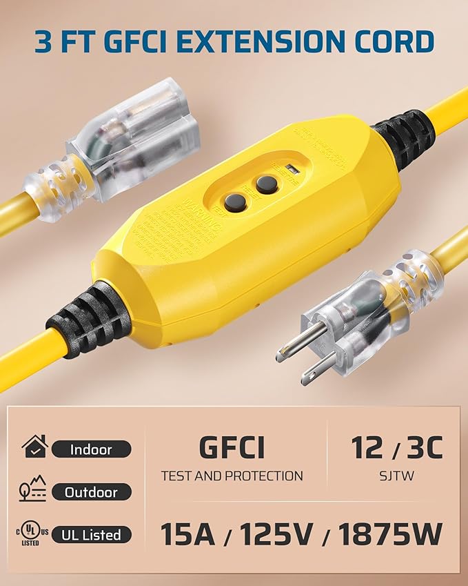 DEWENWILS 3Ft Automatic GFCI Extension Cord Outdoor, 12/3 SJTW Heavy Duty Extension Cord, Power Cord with LED Lighted 3 Prong Plug, 15A/125V/1875W, Yellow, UL Listed