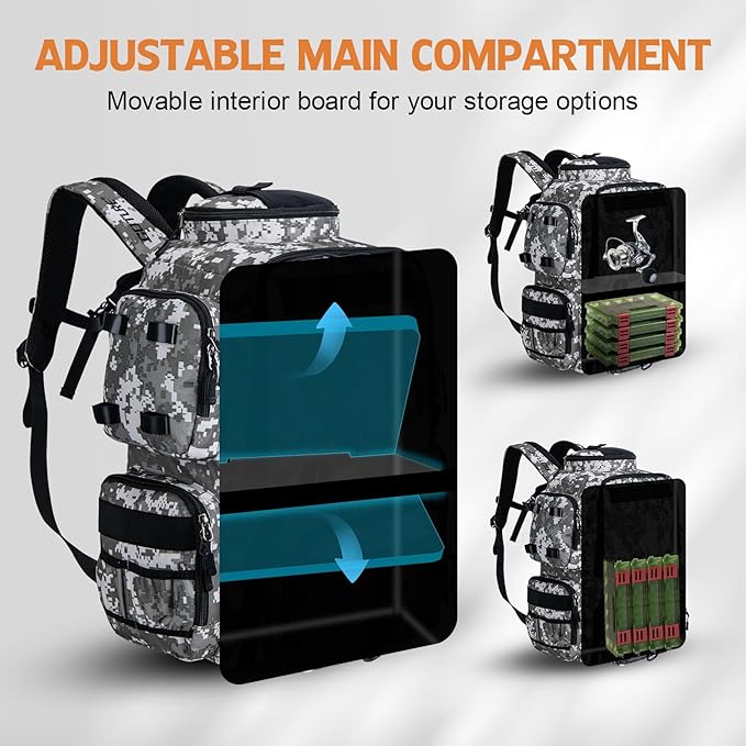 Goture Fishing Backpack, 58L 900D Water-Resistant Insulated Tackle Backpack with Cooler, Rod Holders, 8 Lure Pockets, Detachable Crossbody Bag, Gear Storage Large Fishing Bag for Camping Hiking