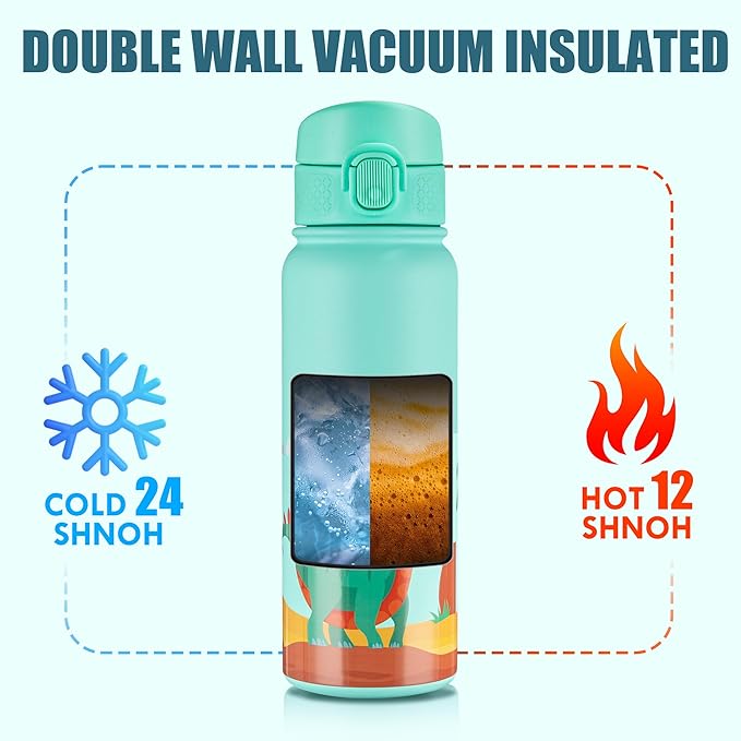 OLDLEY 20 Oz Insulated Stainless Steel Water Bottle For Kids, With Straws Leak-proof, Kids Water Bottles For School Boys Girls,Dinos