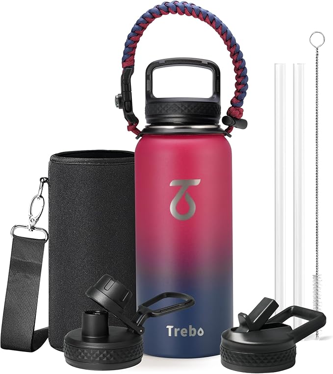 Trebo 32oz Water Bottle Insulated with Paracord Handle and Straw,Vacuum Triple Wall Stainless Steel Water Jug Keep Cold 48 Hours, Water Flask with 3 Lids for Men Women Sports,Travel,Ruby Red