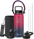Trebo 32oz Water Bottle Insulated with Paracord Handle and Straw,Vacuum Triple Wall Stainless Steel Water Jug Keep Cold 48 Hours, Water Flask with 3 Lids for Men Women Sports,Travel,Ruby Red