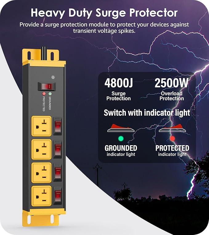 CCCEI Heavy Duty Surge Protector Power Strip 20 Amp Individual Switches. 12FT 12 Gauge Extension Cord with Multiple Outlets. Kitchen, Garage, Shop, Industrial Wall Mount Electric Extender, Yellow.