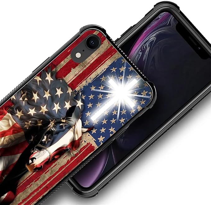 for iPhone XR Case, Red American Flag Horse Cross Pattern Graphic Design Girl Boy Soft Silicone Hard Acrylic Shock Protection for iPhone XR