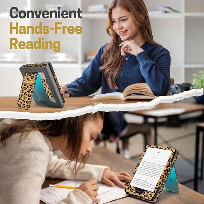 TNP Stand Case for Kindle Paperwhite 12th Generation 2024 / Kindle Colorsoft Signature Edition with Hand Strap & Card Slot - 7" PU Leather Protective Folio Cover with Auto Wake/Sleep, Leopard Yellow