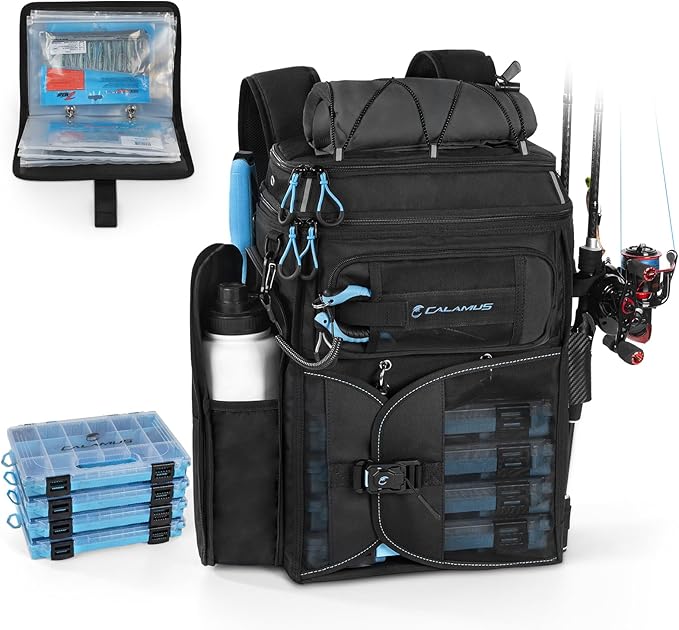 Calamus GearMaster Tackle Backpack with Bait Binder, Large Lightweight Water-Resistant Fishing Bag, Rod Holders, Food Storage