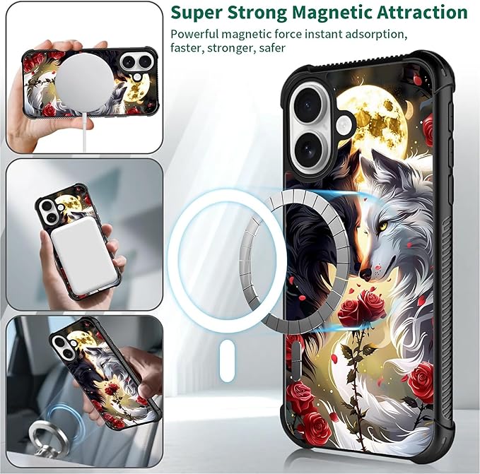 for iPhone 17 Case,for MagSafe Graphic Design for Girl Boy Soft Silicone Hard Acrylic Shock Protection Designed for iPhone 17 Black White Wolf Moon Flower Rose Pattern