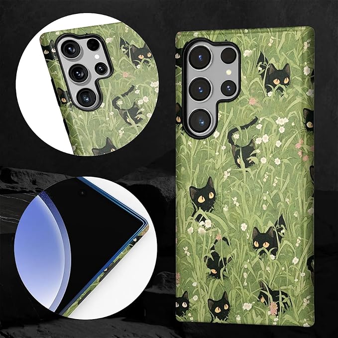 for Samsung Galaxy S24 Ultra Case,HL2 Grass Cat Hybrid 2 Layer Hard Shell Silicone Protective Pattern Design Case