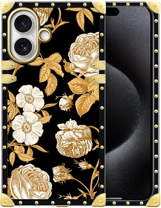 for iPhone 17 Case Luxury Golden Decoration for Girl Women Soft TPU Shockproof Protective Hard PC Back for iPhone 17 Crazy Pattern Blooming Rose Golden Flower
