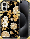 for iPhone 17 Case Luxury Golden Decoration for Girl Women Soft TPU Shockproof Protective Hard PC Back for iPhone 17 Crazy Pattern Blooming Rose Golden Flower