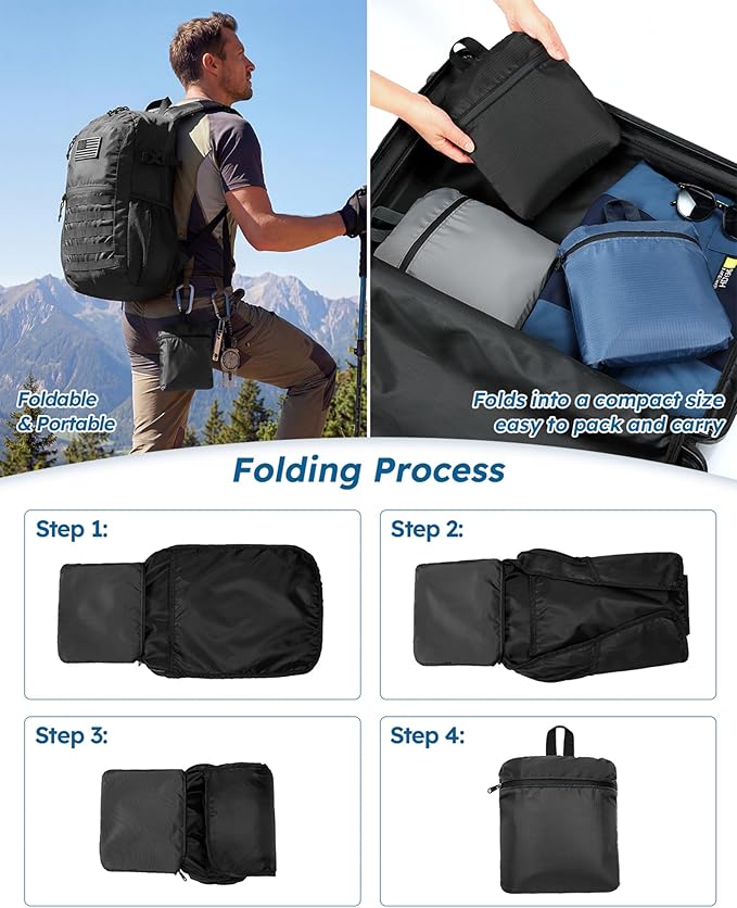Small 20L Foldable Hiking Daypack for Men Women – Ultra Lightweight Tactical Packable Backpack for Travel, Camping Outdoor, Black