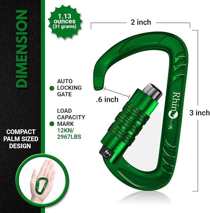 Rhino Produxs 12kN (2697 lbs) Heavy Duty Carabiner Clips, for Securing Pets, Outdoor, Camping, Hiking, Hammock, Dog Leash Harness, Keychains