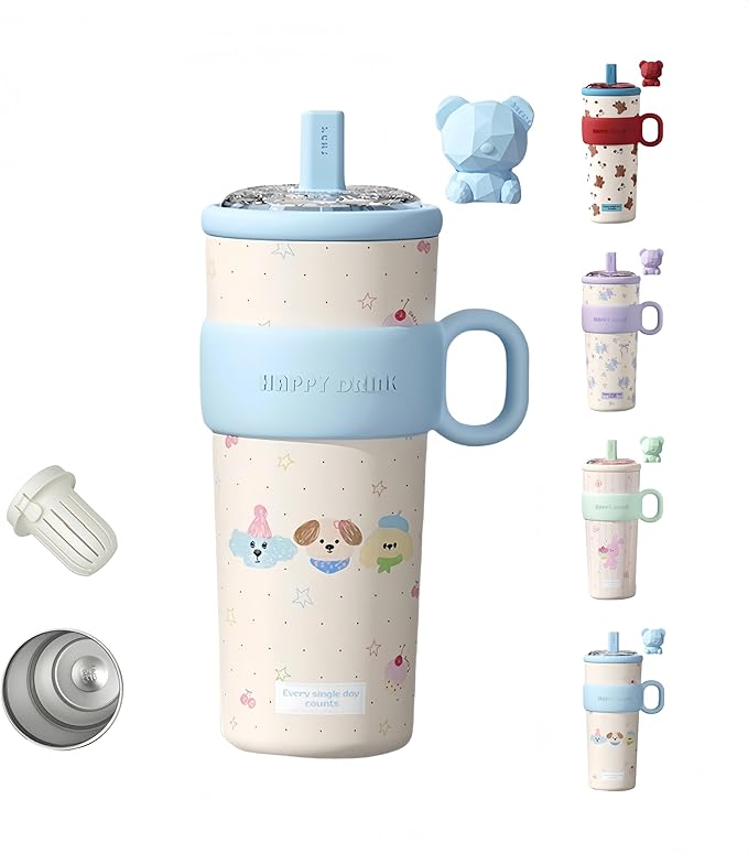 21oz Cute Bear Car Cup with Straw & Cap, Leak-Proof Portable Mug with Tea Strainer, Insulated for Hot/Cold - Ideal for Car, Office, Outdoor (Blue)