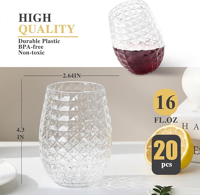 Lueumxc 20 Pack Plastic Wine Glasses, 16Oz Disposable Wine Glasses Unbreakable Clear Plastic Cocktail Glasses Recyclable Shatterproof Reusable Wine Cups
