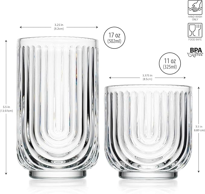 Glaver's 16-Piece Drinking Glass Set, Art Deco Ribbed Arch Design, Clear U-Shape Glassware, 17oz Highball and 11oz DOF Glasses
