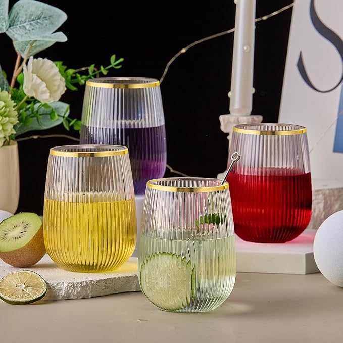 Lueumxc 36 Pack Plastic Wine Glasses, 15Oz Gold Rim Origami Disposable Wine Glasses Unbreakable Clear Plastic Cocktail Glasses Recyclable Shatterproof Reusable Wine Cups