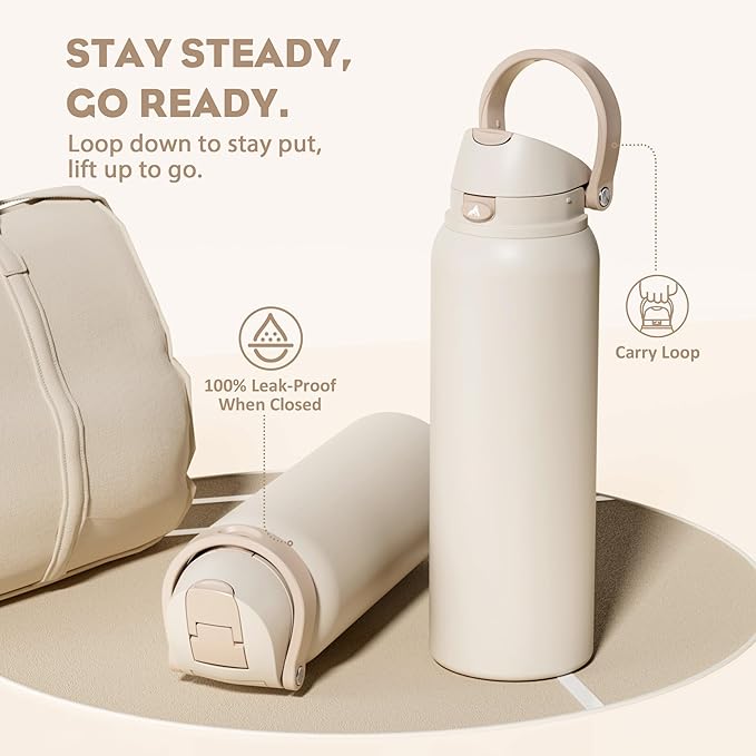 POWCAN 40 oz Insulated Water Bottle, 2-in-1 Push-Button Spout & Quick-Flip Straw Lid, Leakproof, Keep Cold 24Hrs, BPA-Free, Stainless Steel Water Bottle for Sports, School, Travel, Gym (Oat Mousse)